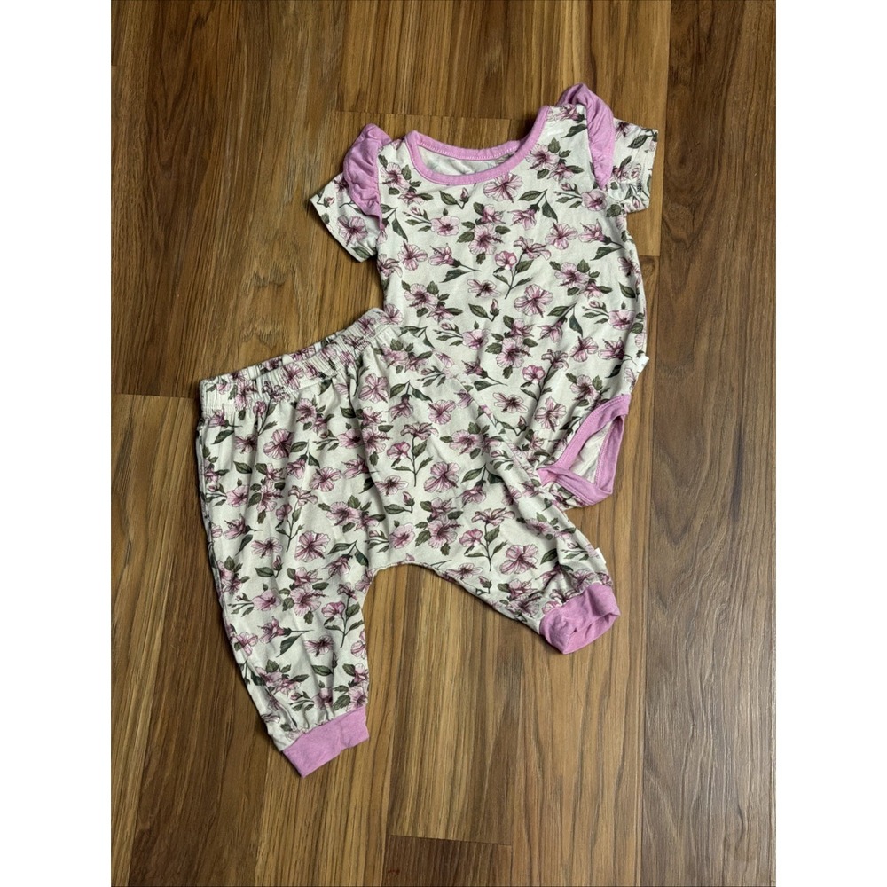 Milkberry Baby Girls 6-9 Months Ruffle Floral Bodysuit Shirt Pants Outfit VGC